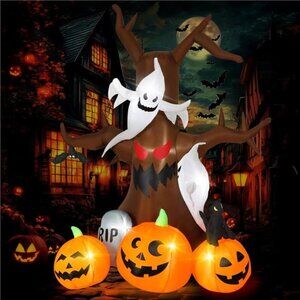8FT Halloween Inflatable Dead Tree Outdoor Decorations with Ghosts & Pumpkins,